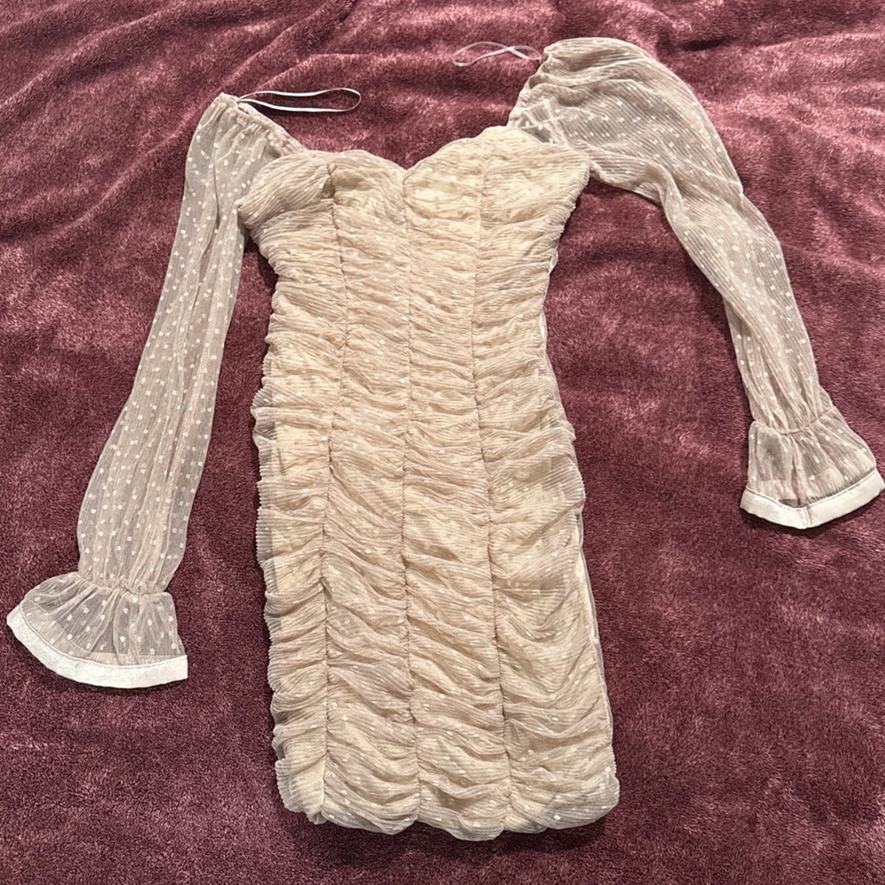 Haute Monde beige Ruched Dress with Sheer Sleeves